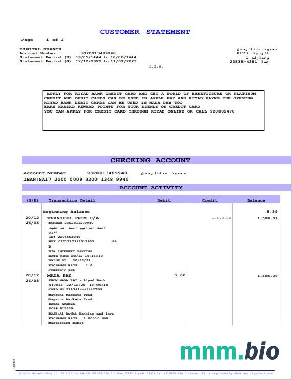 Wyciąg z rachunku bankowego KBC w Arabii Saudyjskiej, szablon Word i PDF, 2 strony